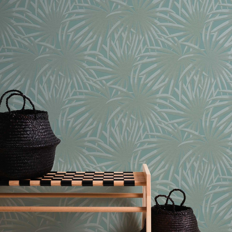 Papel pintado con hojas color menta - Papel pintado tejido-no tejido jungla con hoja de palmera 