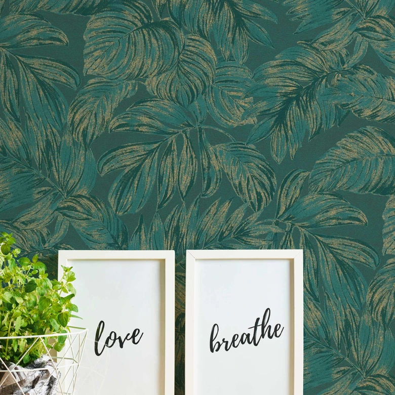 papier peint jungle vert or avec effet métallique - papier peint intissé feuilles de palmier 