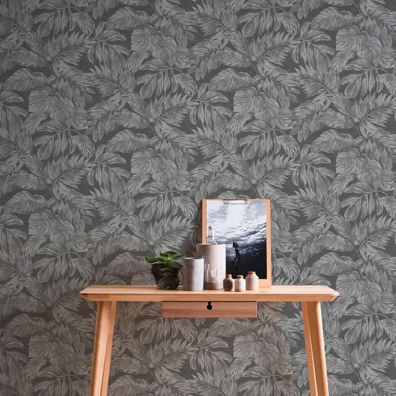 papier peint jungle anthracite gris argenté avec effet métallique - papier peint palmier 