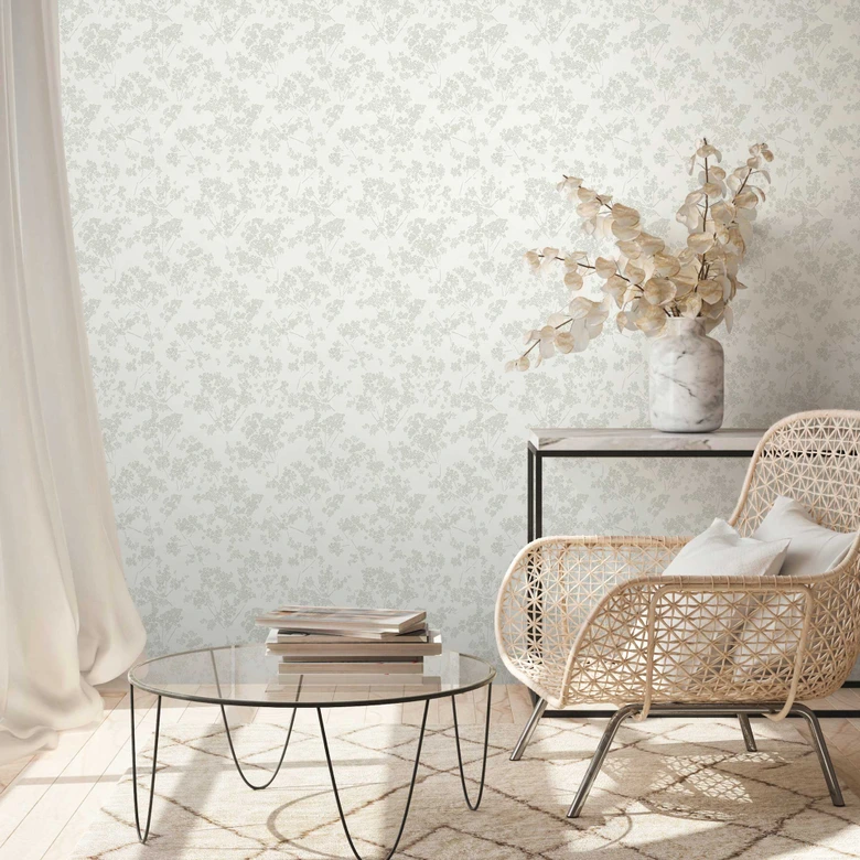 Tapeta subtelny kwiatowy wzór zielony biały - tapeta w kwiatowy wzór z kwiatami 