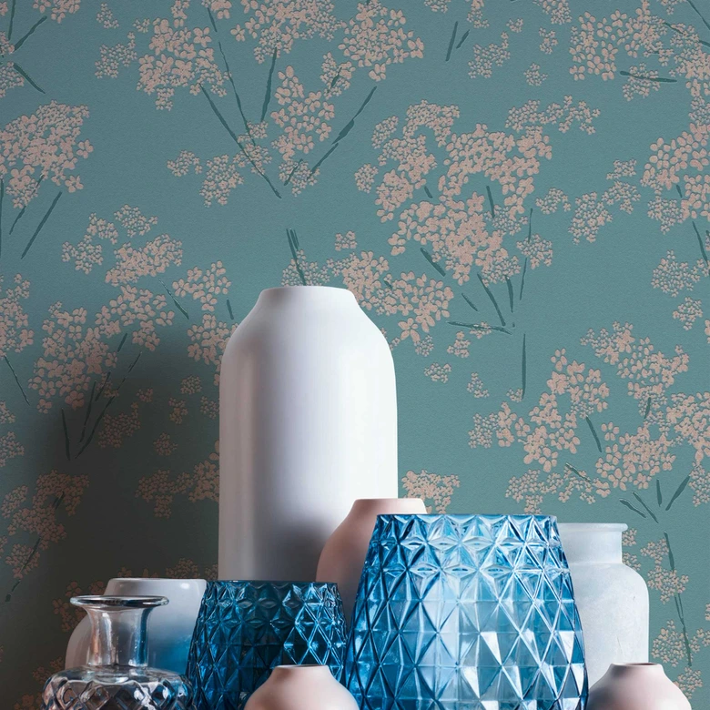 Natur-Tapete Blumen und Blüten Beige Blau - Florale Vliestapete natürlich 