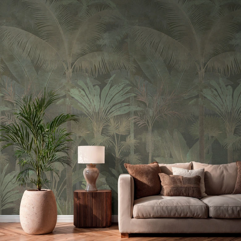 Fotobehang palmbomen jungle uitrekbaar beige groen 159x280 cm Vliesbehang   