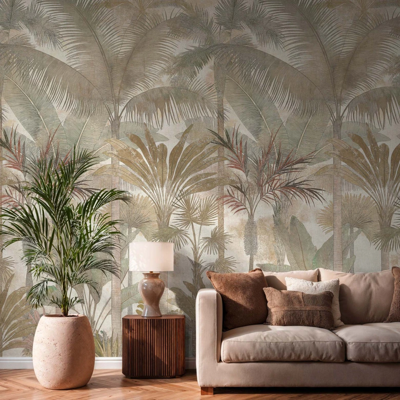 Fotobehang palmbomen jungle uitrekbaar beige crème 159x280 cm Vliesbehang   
