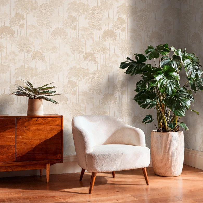 Vliestapete Wald Bäume Palmen beige creme Tapete Wandtapete Natur Landschaft  