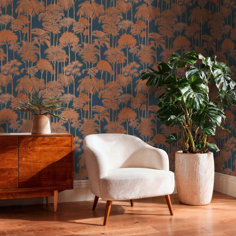 Non-woven wallpaper forest trees palm trees blue brown metallic wallpaper wallpaper nature jungle 
