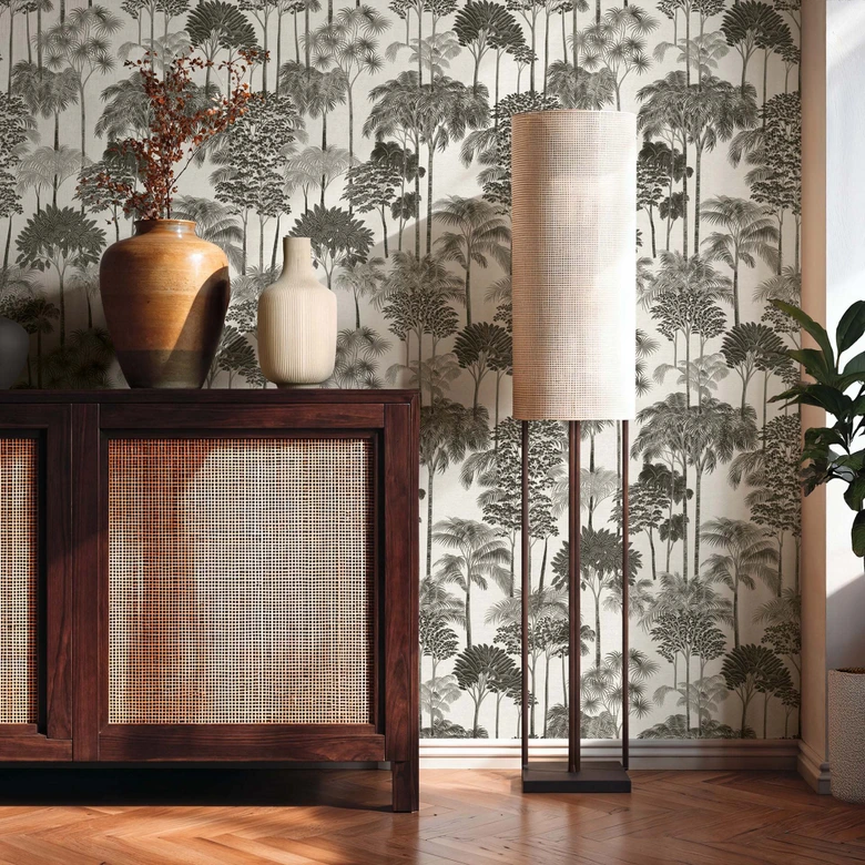 Non-woven wallpaper forest trees palm trees gray black white metallic wallpaper wallpaper nature 