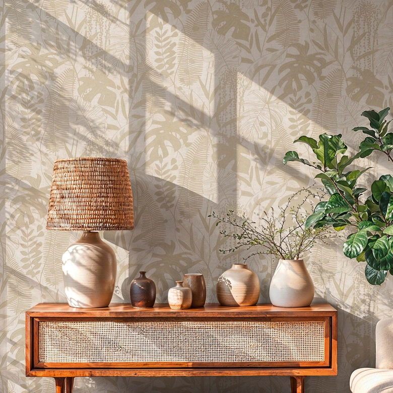 Vliestapete Palmenblätter  beige creme metallic Tapete Wandtapete Natur Flur 