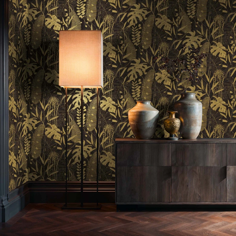 Vliestapete Palmenblätter schwarz gold metallic Tapete Wandtapete  Tropen 