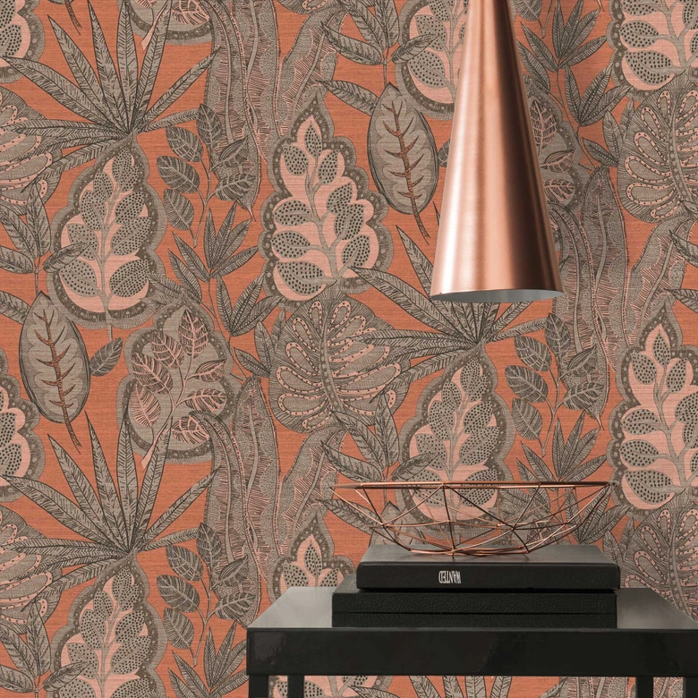 Papier peint intissé design floral Beige Marron - papier peint graphique avec feuilles 