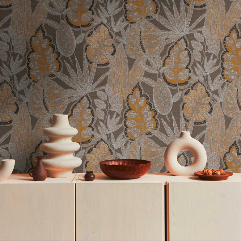 Vliestapete im Grafik-Design Gelb Grau - Florale Tapete mit Blättern 
