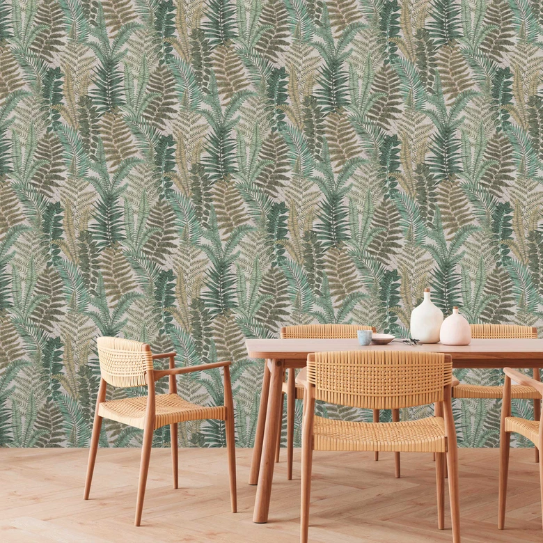 Papier peint à motifs avec feuilles de fougère Beige Vert Marron - papier peint floral avec feuilles  
