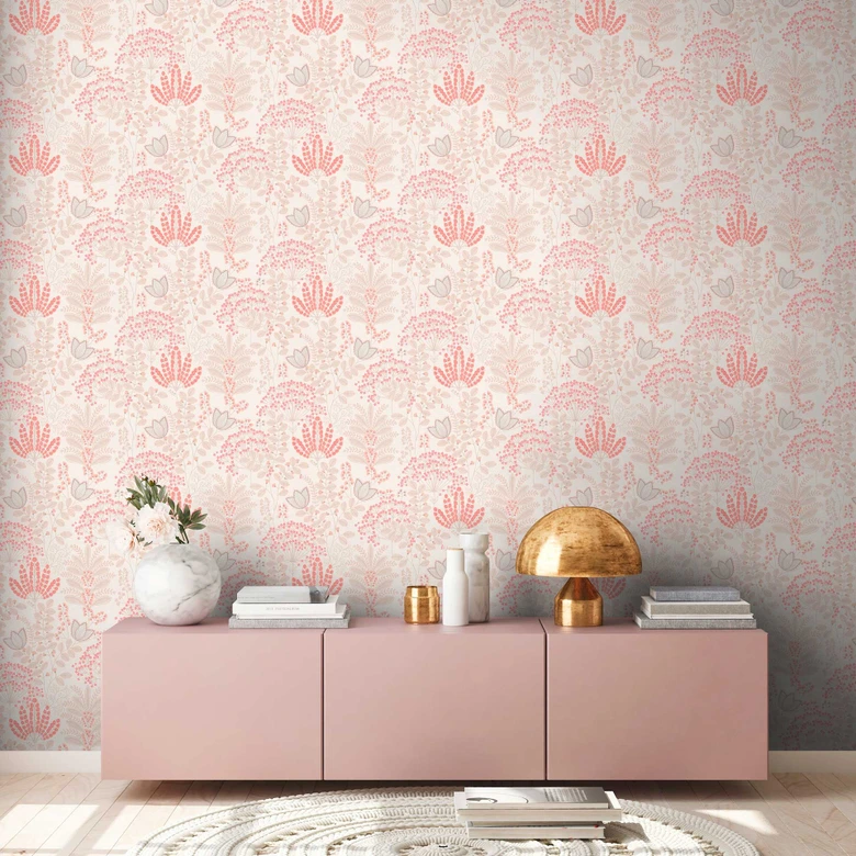 Tapete mit Blumen im Retro-Stil Weiß Beige - Florale Vliestapete mit Blättern 