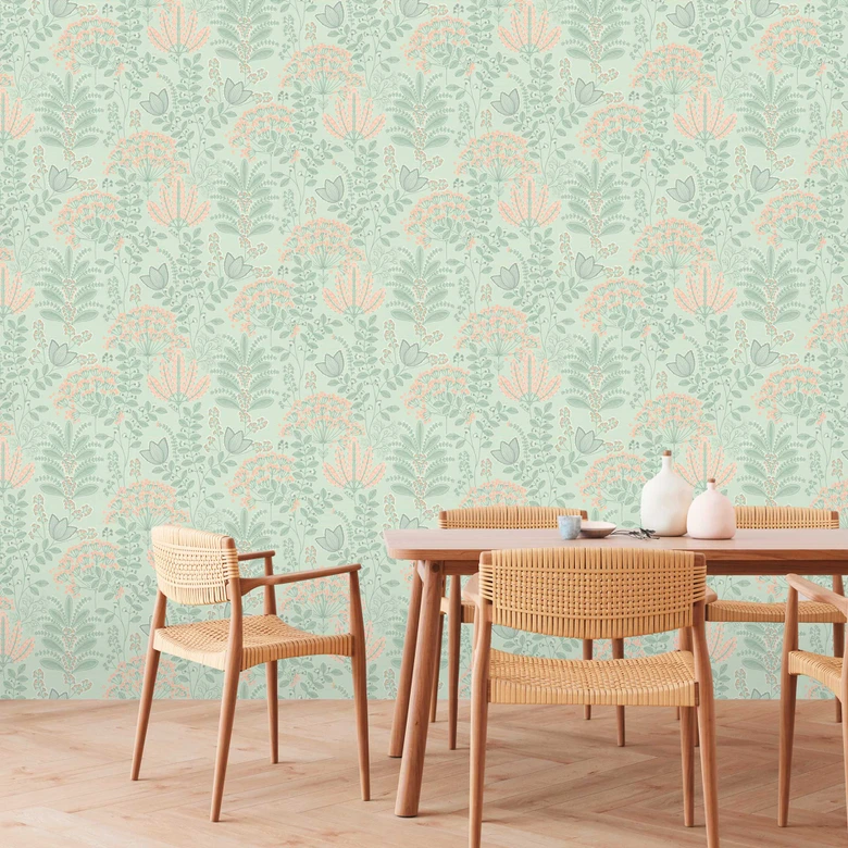 Papier peint intissé avec feuilles style rétro Gris Vert - papier peint floral Fleurs 