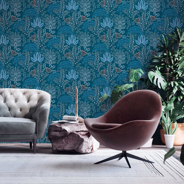 Papier peint à fleurs style rétro Bleu Blanc - papier peint intissé floral avec feuilles 
