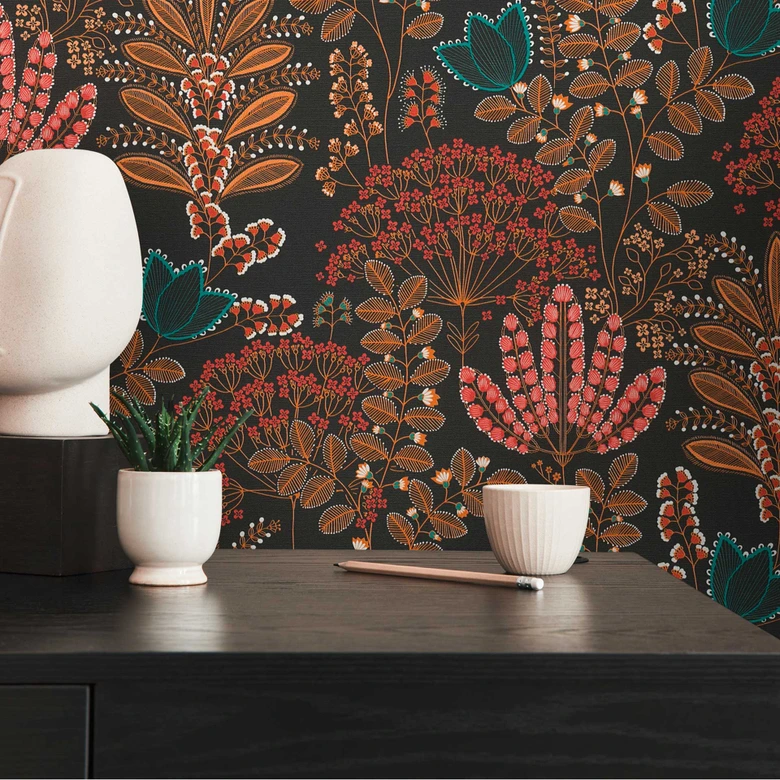 Papier peint intissé avec feuilles style rétro Noir Multicolore - papier peint floral fleurs 