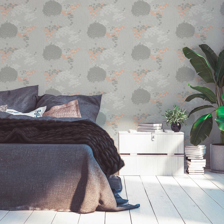 Papier peint à motifs forêt Gris Blanc - papier peint avec accents orange 