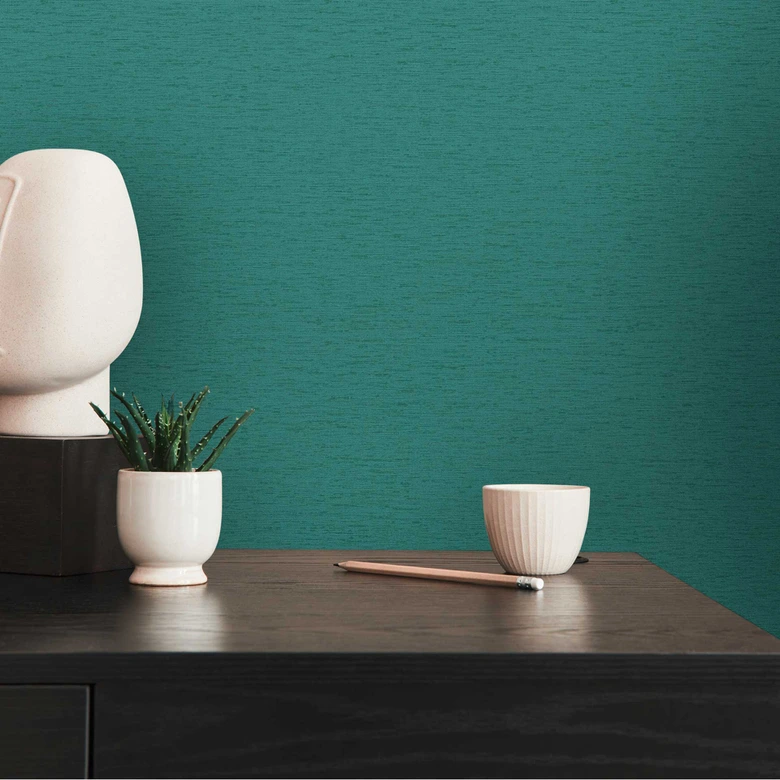 Papier peint intissé avec structure horizontale tissée Bleu Vert  
