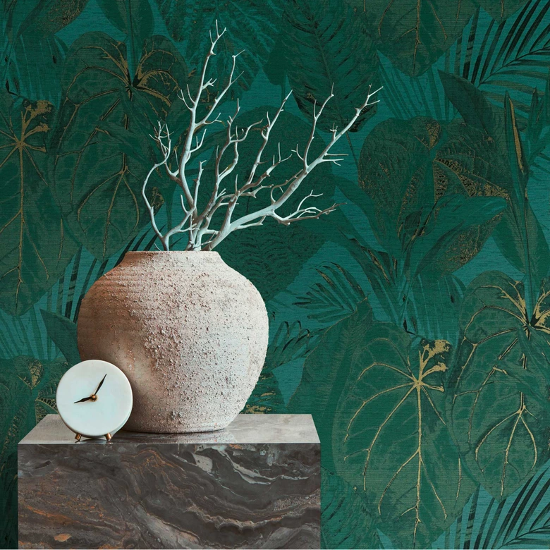 Papier peint jungle ton sur ton Bleu Vert - papier peint intissé floral avec feuilles 