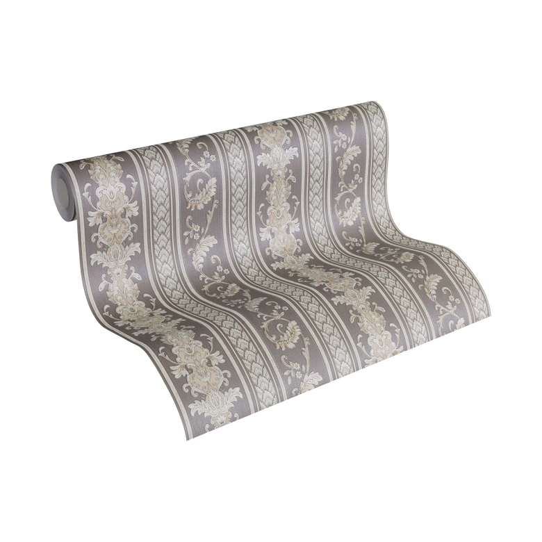 A.S Création Hermitage 10 Papier peint à rayures - Papier peint baroque argent, Gris 