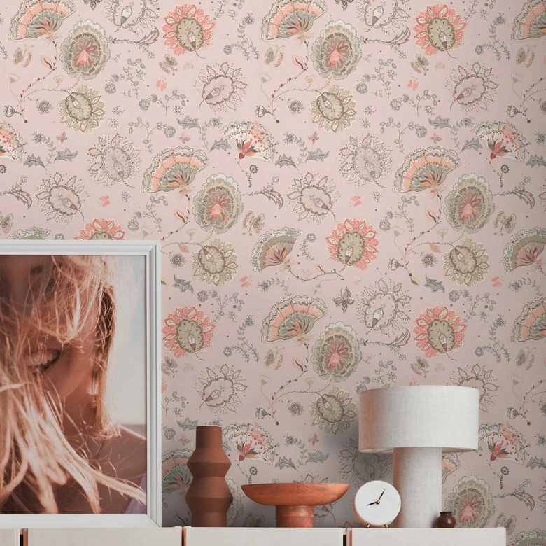 Pflanzentapete Beige Rosa - Florale Tapete Klassisch - Naturtapete 