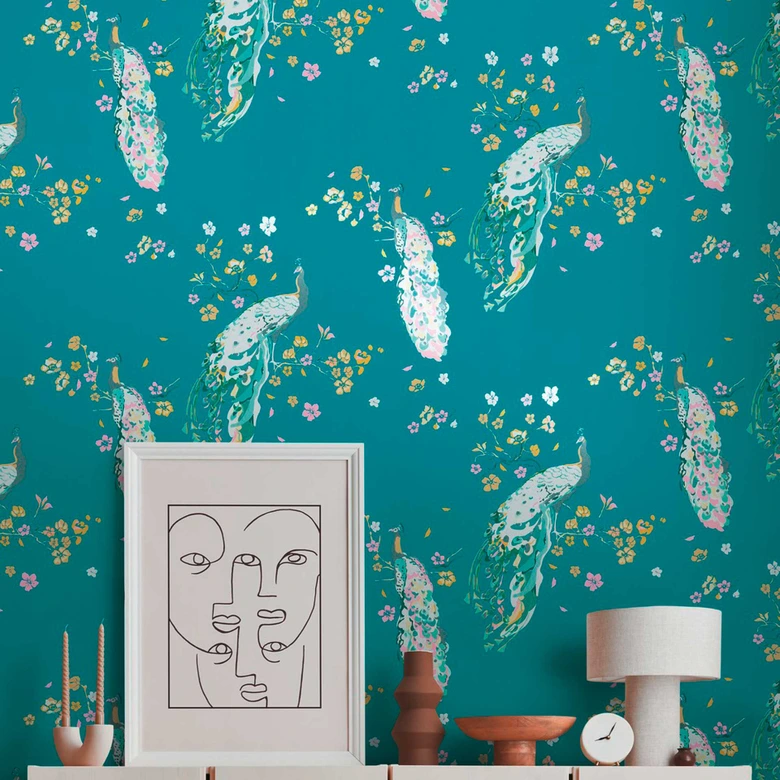 Blumentapete mit Vögeln - Tapete Pfau Türkis Gelb - Florale Tapete Designer 