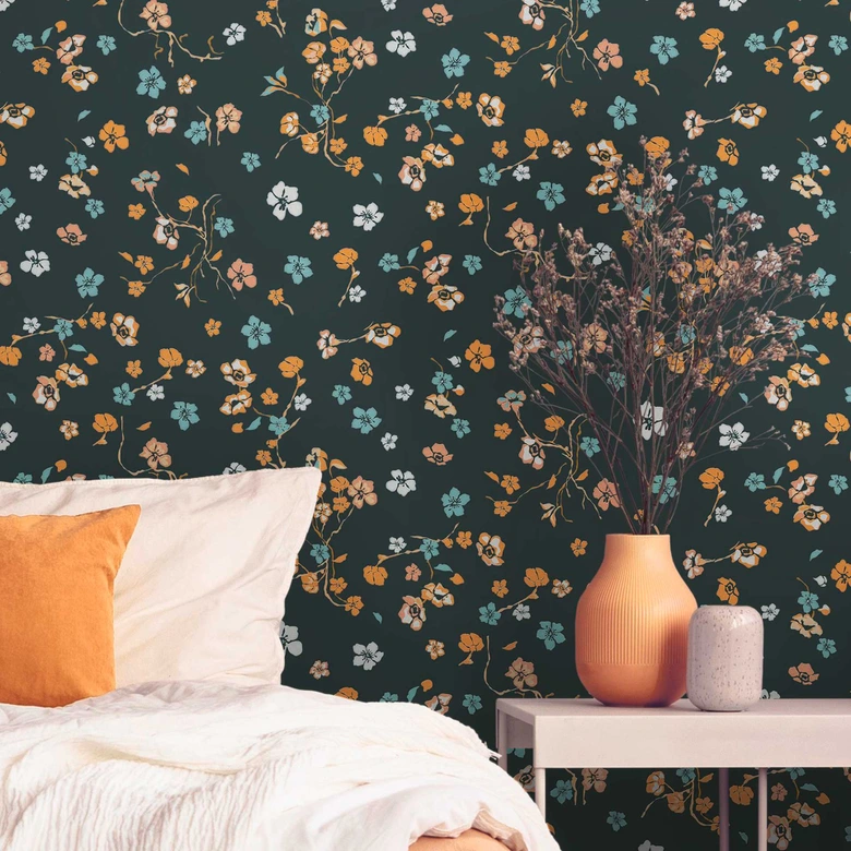 Blumentapete Schwarz Gelb - Naturtapete Designer - Vliestapete Floral 