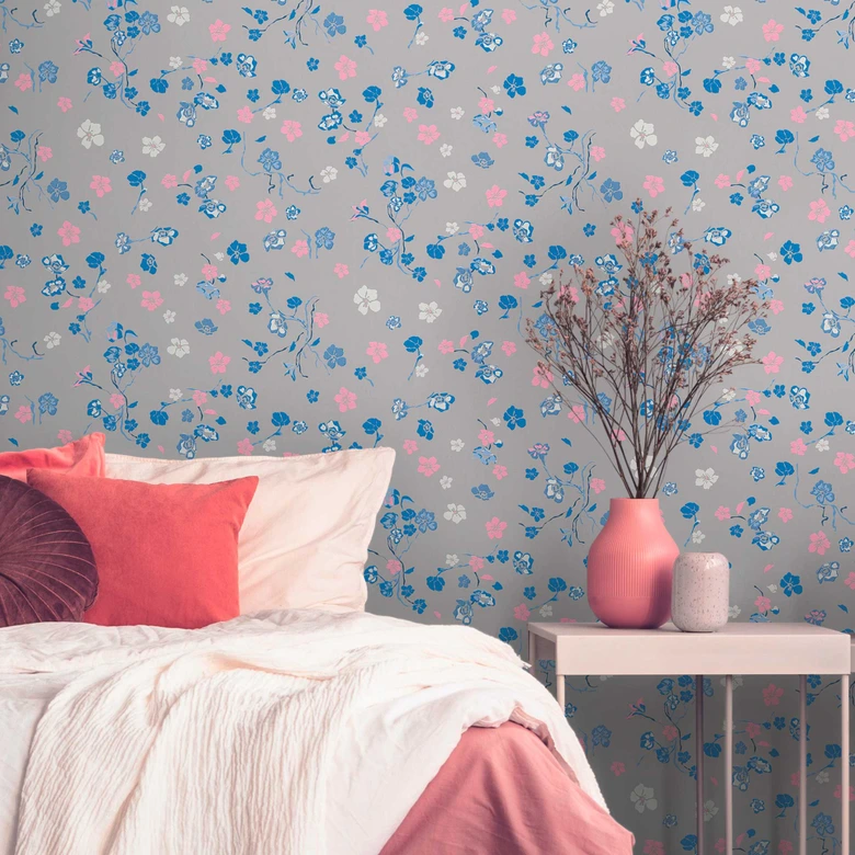 papier peint fleuri gris bleu - papier peint floral - papier peint intissé nature 