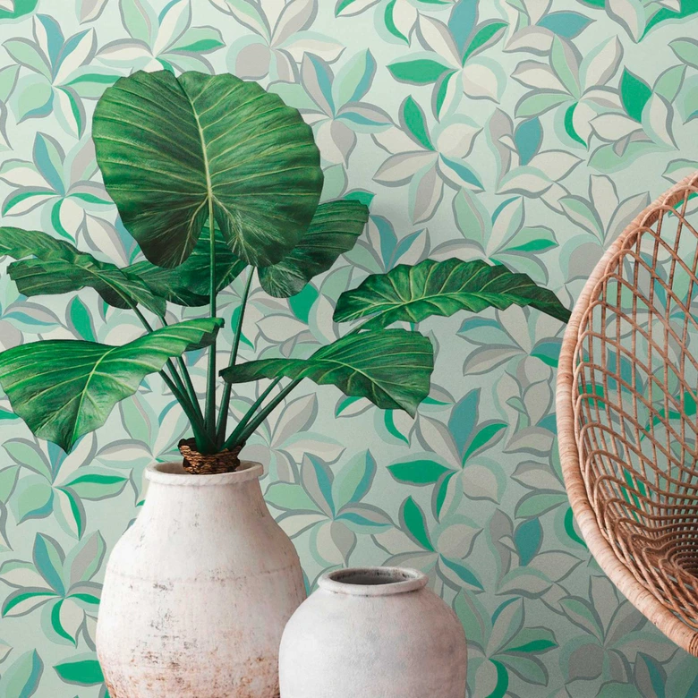 Naturtapete Hawaii Grün Weiß - Vliestapete Design - Blumentapete Floral 
