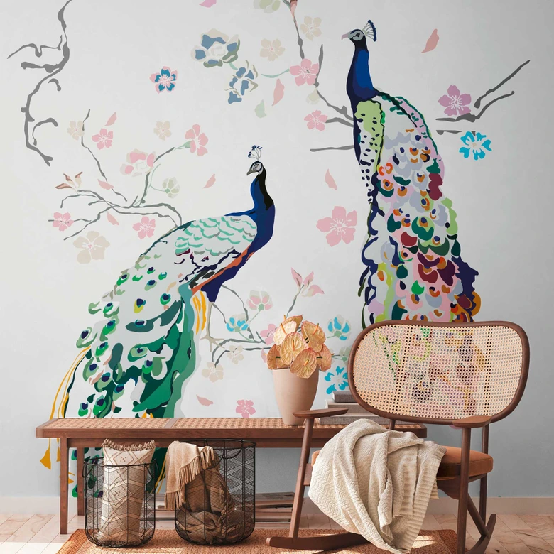 Tiertapete Bunt - Vliestapete Pfau Natur - Vogeltapete Blumen Floral Weiß 