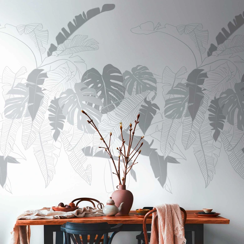 Palmentapete Weiß Grau - Tapete Palmenblätter Floral - Vliestapete Pflanzen Natur 