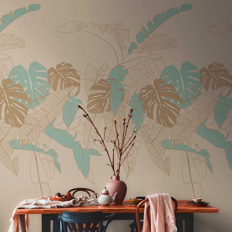 Tapete Palmenblätter Beige Grün - Florale Tapete Natur - Vliestapete Palmen 