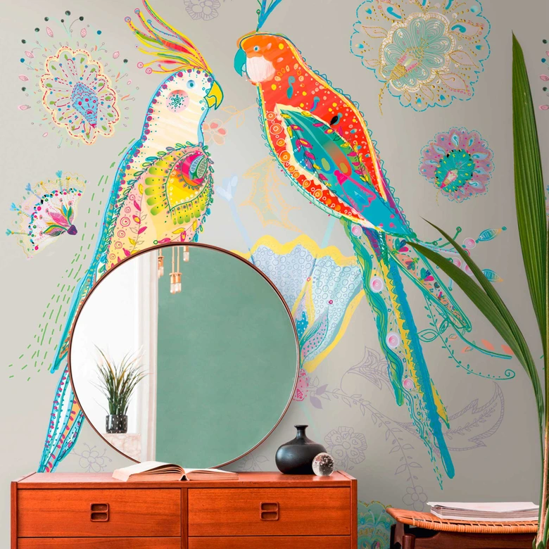 Vogeltapete Beige Bunt - Fototapete Papagei - Vliestapete Natur Blumen Floral 