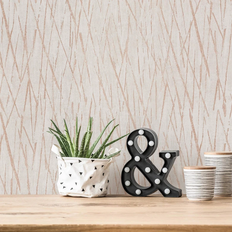 papier peint Hygge texturé en gris et cuivre papier peint intissé avec motif naturel métallisé 