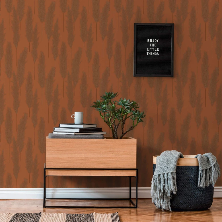 papier peint avec herbe de la pampa en orange papier peint intissé Hygge mat et texturé 