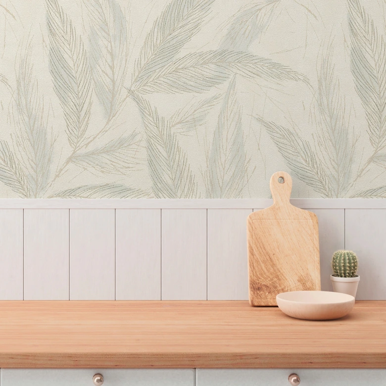 Vit kräm grå växt tapet - Icke-vävd tapet med fint matt bladmönster 