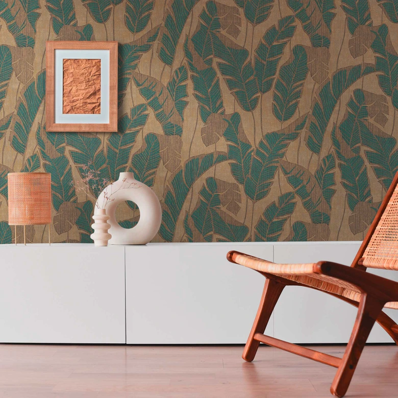 Blätter-Mustertapete leicht glänzend Beige Blau - Florale Tapete Pflanzen 