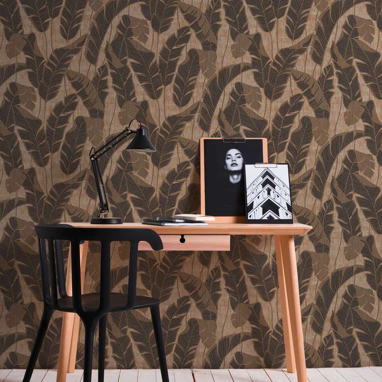 Blätter-Tapete leicht glänzend Beige Schwarz - Florale Mustertapete Pflanzen 