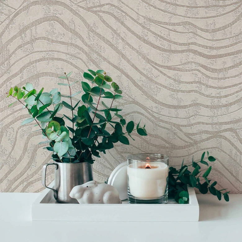 Abstract 3D wallpaper with waves white silver - non-woven metallic effect - patterned wallpaper 