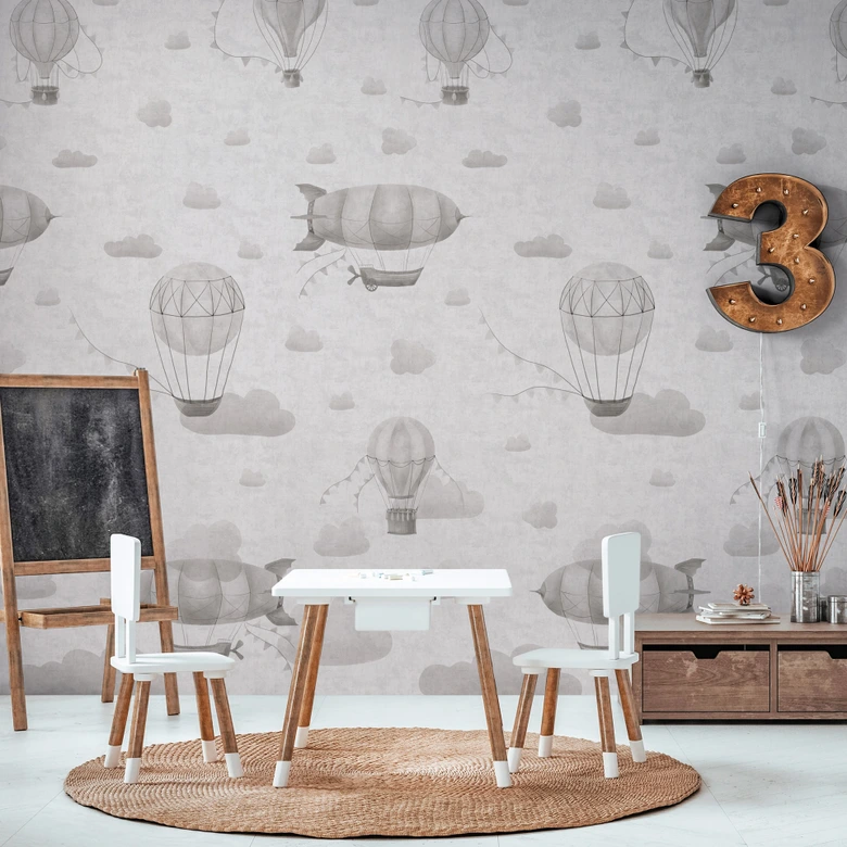 Luchtballonnen behang grijs wit - Vliesbehang voor kinderkamers 