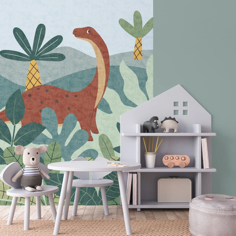 Fototapete Dinosaurier Dschungeloptik Bunt - Kinderzimmer Vliestapete  