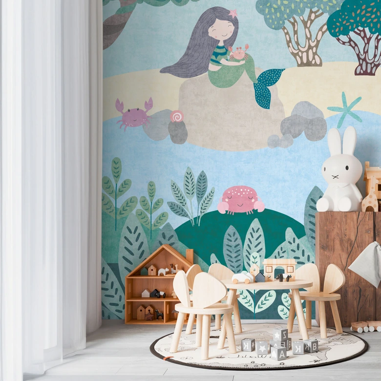 Zeemeermin behang voor kinderkamer blauw groen - sprookjesachtig Fotobehang 