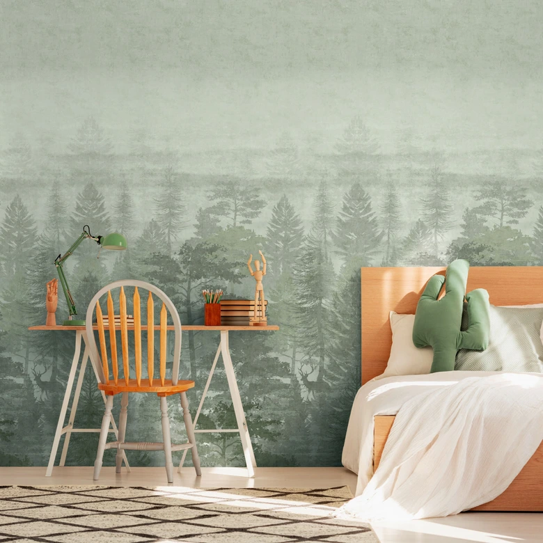 Forest wallpaper mist green gray - nature wallpaper trees - extendable non-woven wallpaper 