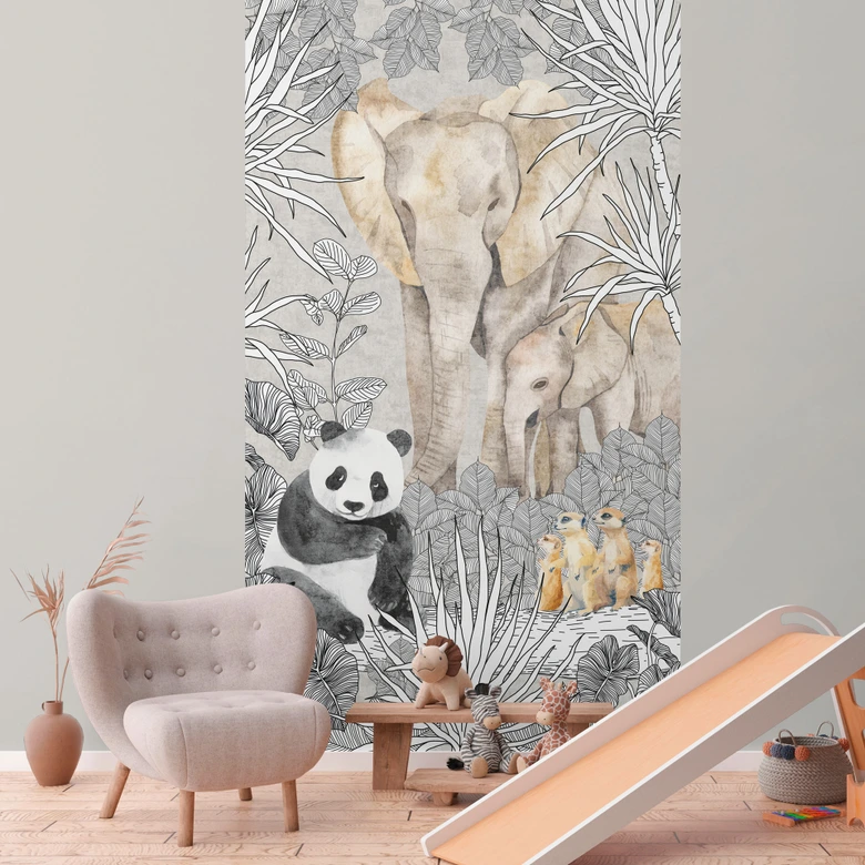 Tierwelt-Fototapete Grau Bunt - Dschungeltiere Panda Elefant Erdmännchen - Vliestapete 