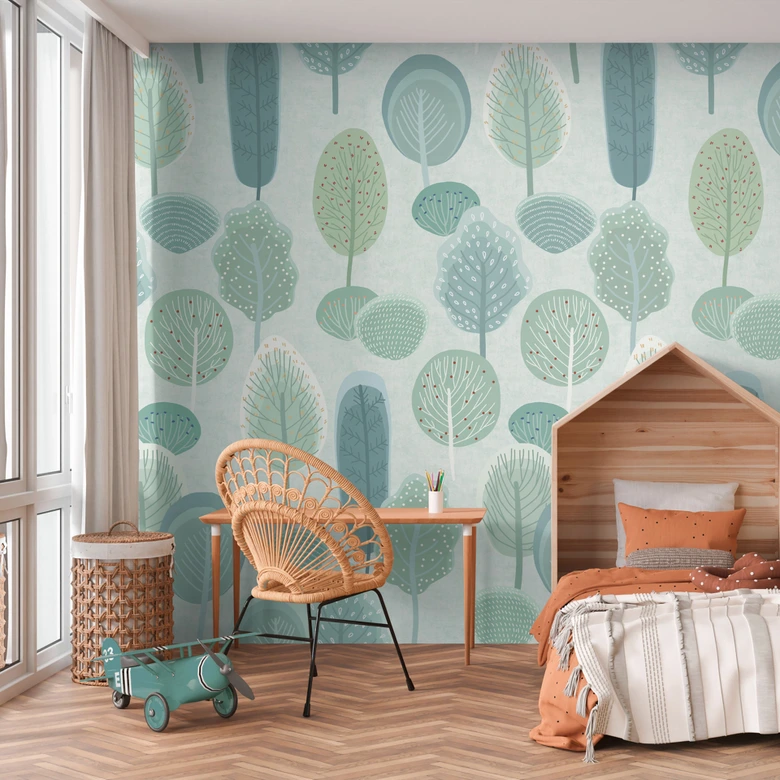 Fotobehang in pastellook groen blauw - kinderkamer behang bomen - Vliesbehang, uittrekbaar 