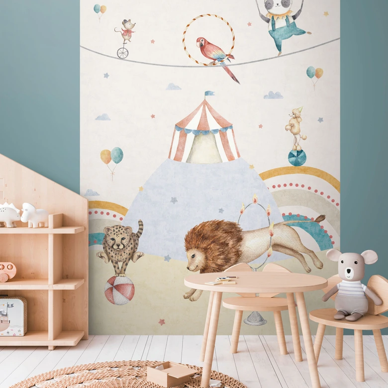 Circus wallpaper mural for children's room colorful - animals and circus tent - non-woven wallpaper 159x280cm 