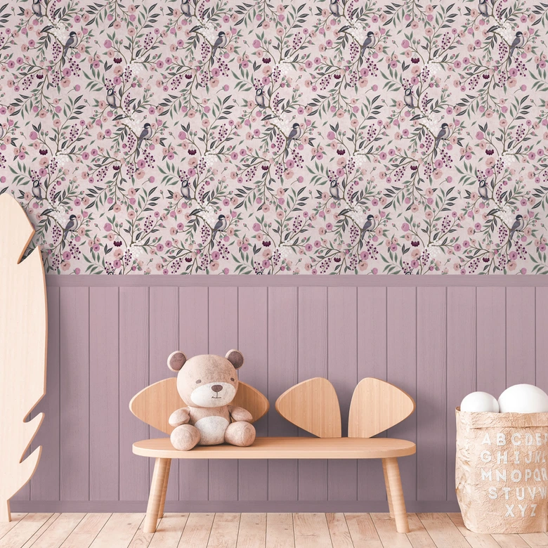 Wall Mural Birds & Branches Pink - floral sample with wooden panel - extendable non-woven wallpaper 