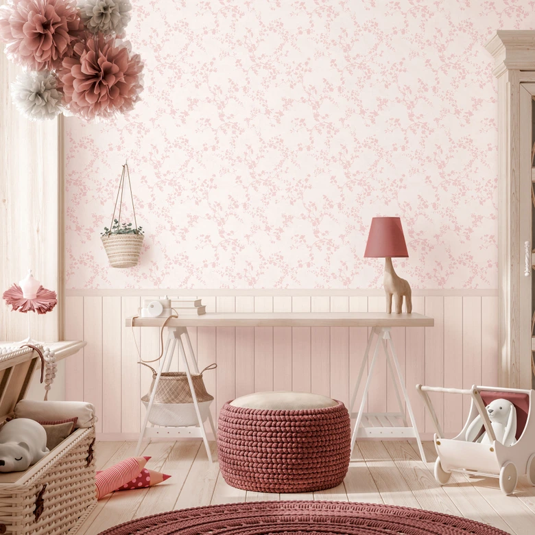 Blommigt mönster rosa - vintage stil med träpanel - utdragbar Icke-vävd tapet 