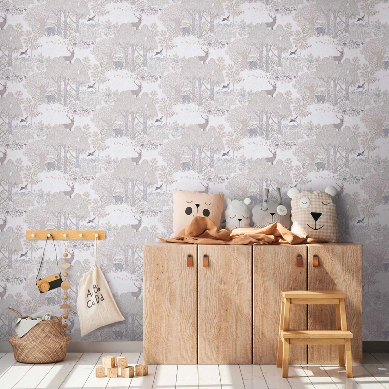 Wald-Tapete mit Tieren Beige Grau - Kindertapete mit Bär & Hirsch 