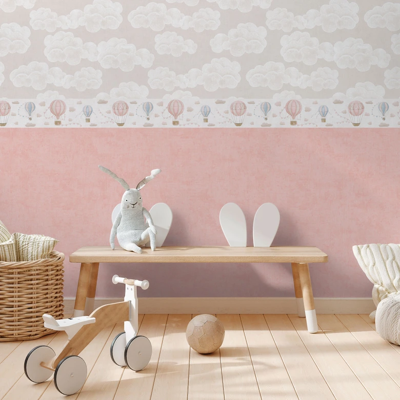 Hot air balloon border Pink Blue Beige - Children's room border with pennants 