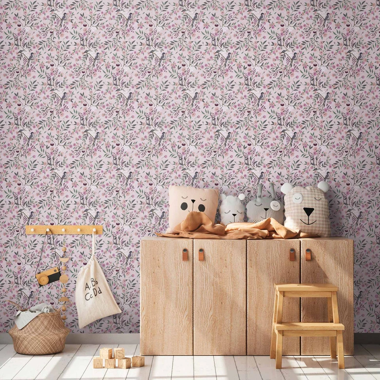 Papel pintado de muestra floral rosa violeta - pájaros y flores 